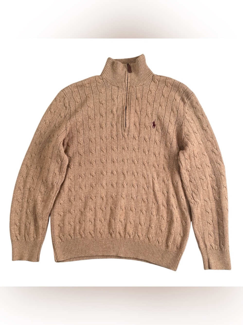 Polo Ralph Lauren 100% Silk Tan Cable-Knit 1/4 Zip Front Sweater